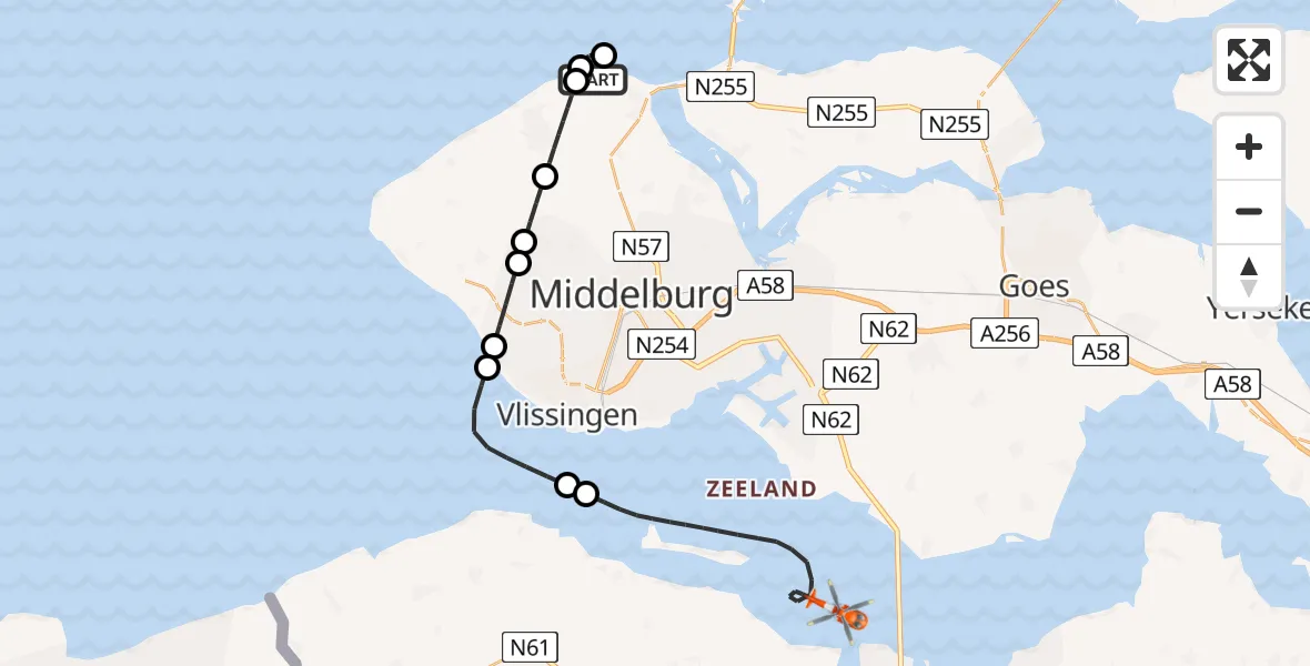 Routekaart van de vlucht: Kustwachthelikopter naar Westerschelde, Westerschelde