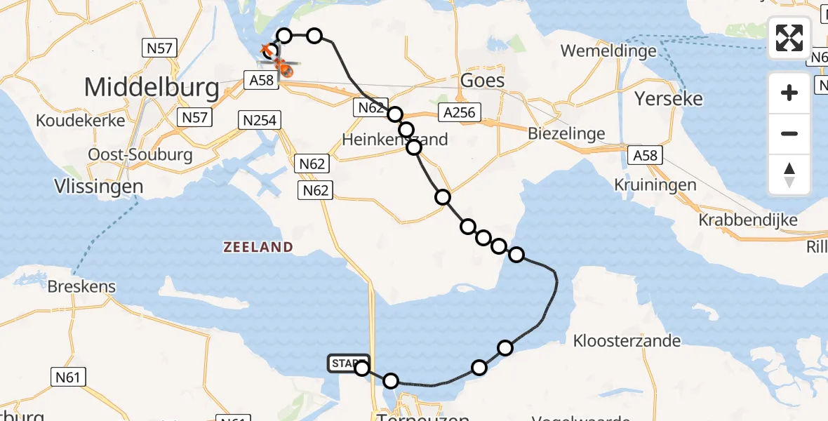 Routekaart van de vlucht: Kustwachthelikopter naar Arnemuiden, Oranjeplaatweg