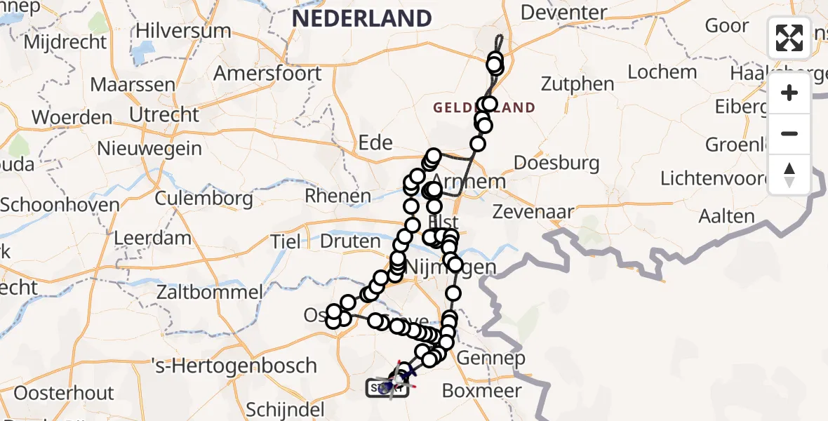 Routekaart van de vlucht: Politiehelikopter naar Vliegbasis Volkel, Vliegbasis Volkel