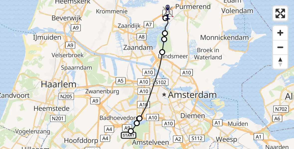 Routekaart van de vlucht: Politiehelikopter naar Wijdewormer, Oosterdwarsweg