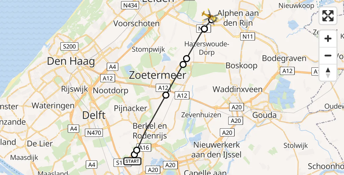 Routekaart van de vlucht: Lifeliner 2 naar Koudekerk aan den Rijn, Lagewaard