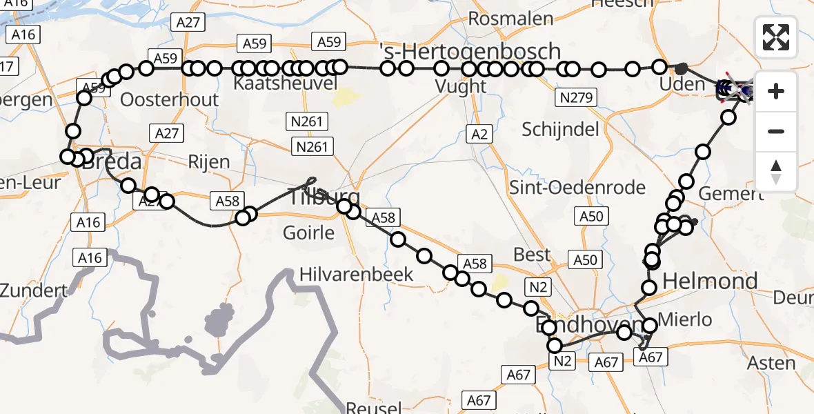 Routekaart van de vlucht: Politiehelikopter naar Vliegbasis Volkel, Vliegbasis Volkel