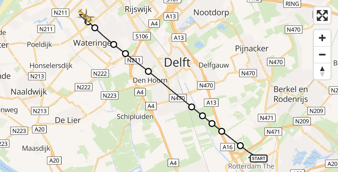 Routekaart van de vlucht: Lifeliner 2 naar Den Haag, Middenstede