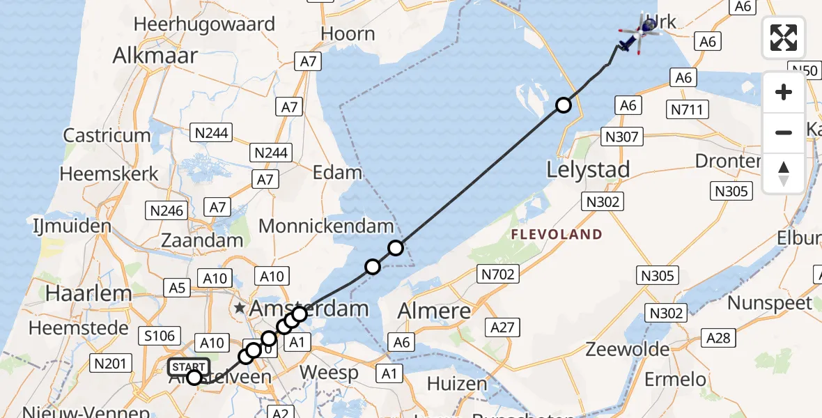 Routekaart van de vlucht: Politiehelikopter naar IJsselmeer, IJsselmeer