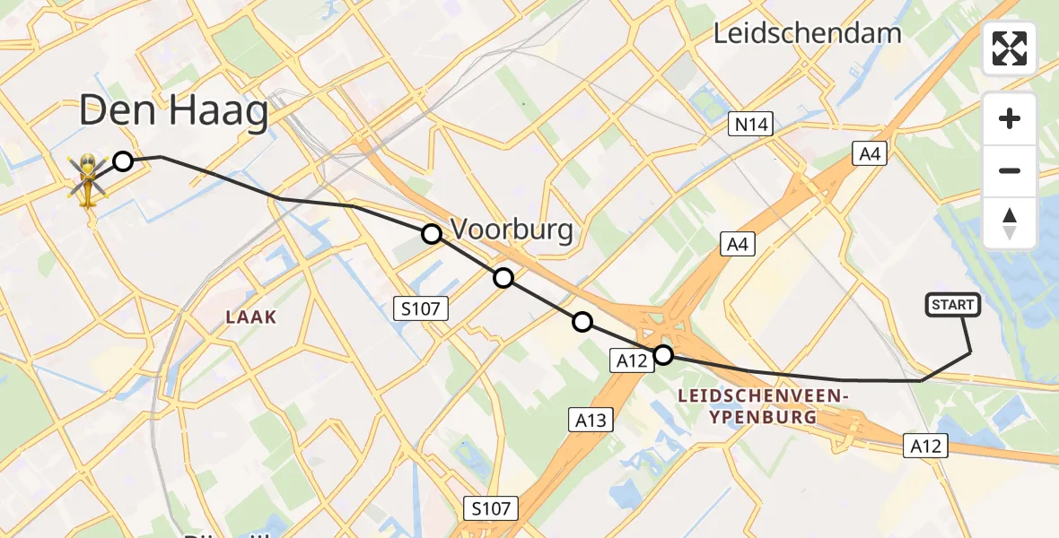 Routekaart van de vlucht: Lifeliner 1 naar HMC Westeinde Heliport, HMC Westeinde Heliport