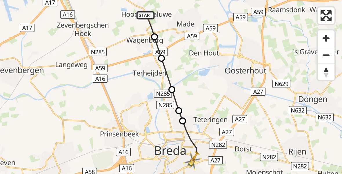 Routekaart van de vlucht: Lifeliner 2 naar Breda, Claudius Prinsenlaan