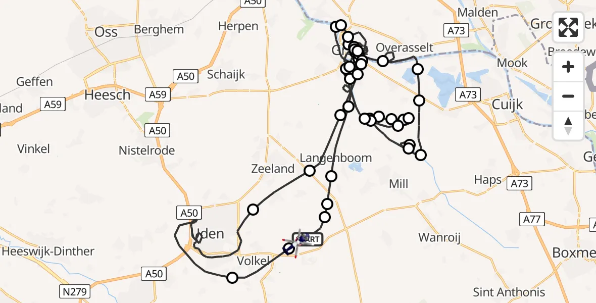 Routekaart van de vlucht: Politiehelikopter naar Vliegbasis Volkel, Vliegbasis Volkel