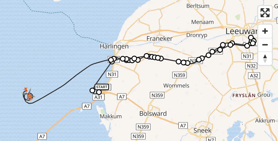 Routekaart van de vlucht: Kustwachthelikopter naar Waddenzee, Waddenzee