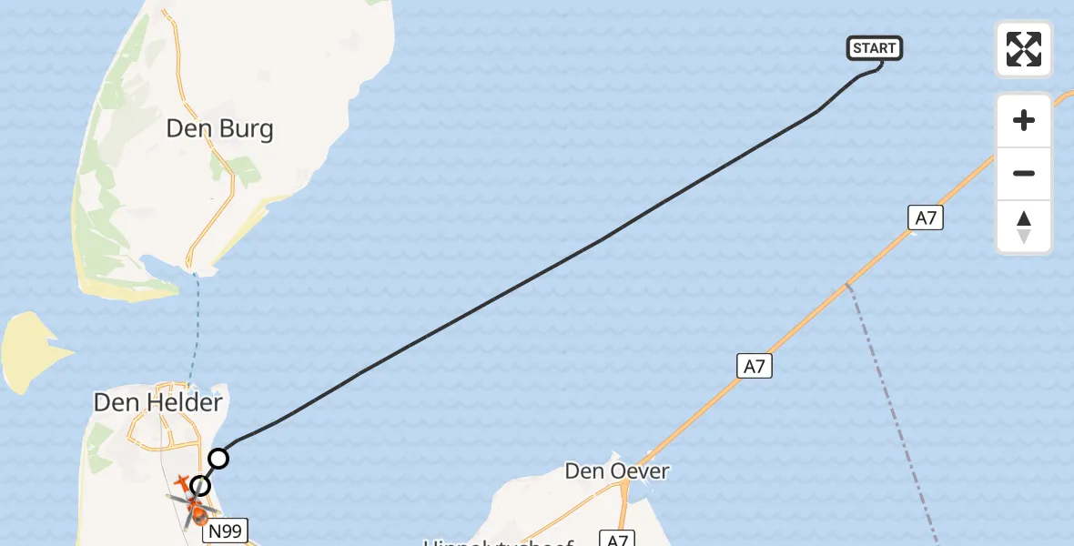 Routekaart van de vlucht: Kustwachthelikopter naar Militair vliegveld De Kooy / Den Helder Airport, Militair vliegveld De Kooy / Den Helder Airport