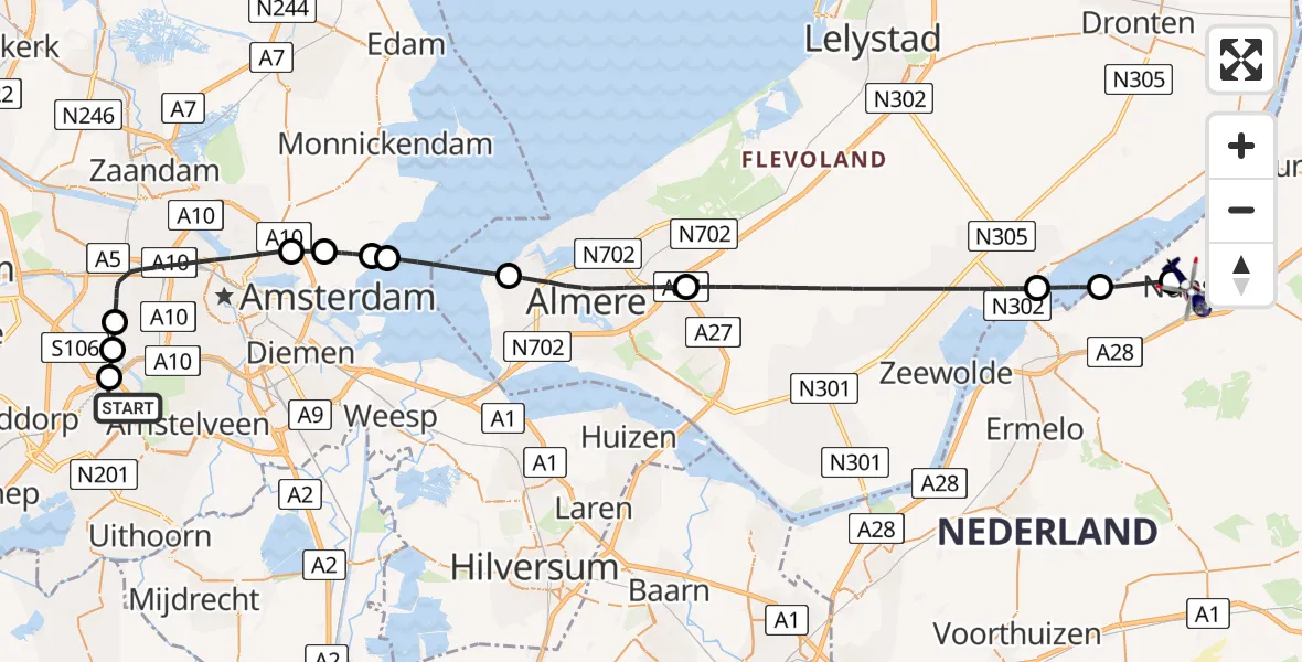 Routekaart van de vlucht: Politiehelikopter naar Nunspeet, Hullerweg