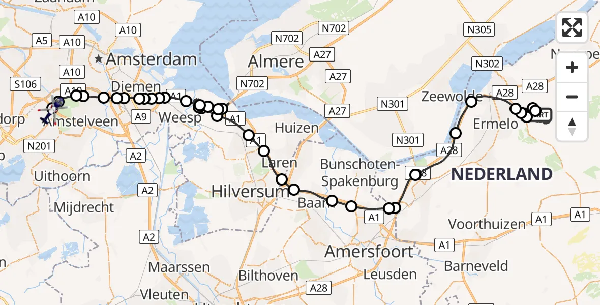 Routekaart van de vlucht: Politiehelikopter naar Amsterdam Vliegveld Schiphol, Amsterdam Vliegveld Schiphol