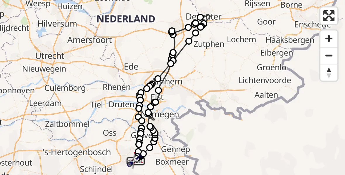Routekaart van de vlucht: Politiehelikopter naar Vliegbasis Volkel, Vliegbasis Volkel