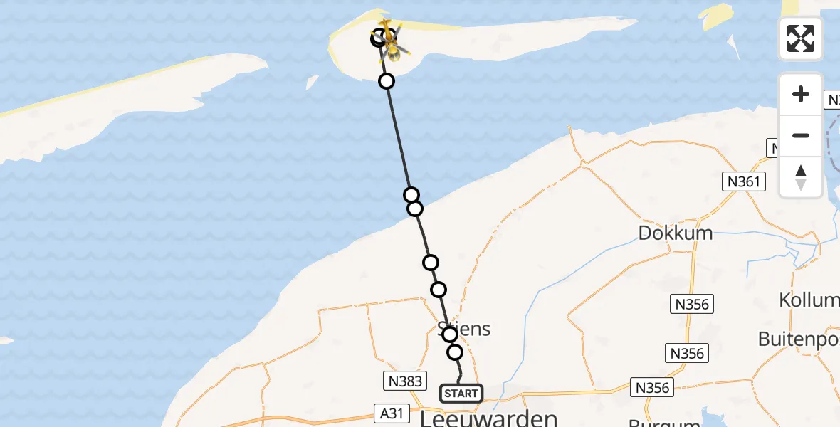 Routekaart van de vlucht: Ambulancehelikopter naar Ameland Vliegveld Ballum, Ameland Vliegveld Ballum