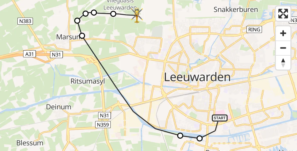 Routekaart van de vlucht: Ambulancehelikopter naar Vliegbasis Leeuwarden, Vliegbasis Leeuwarden