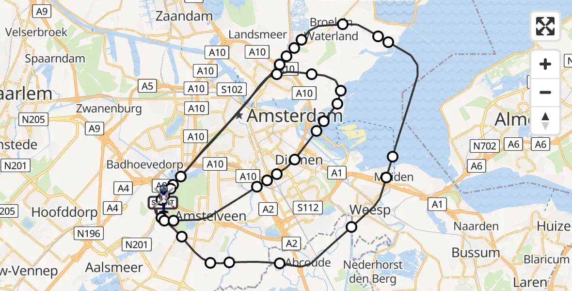 Routekaart van de vlucht: Politiehelikopter naar Amsterdam Vliegveld Schiphol, Amsterdam Vliegveld Schiphol