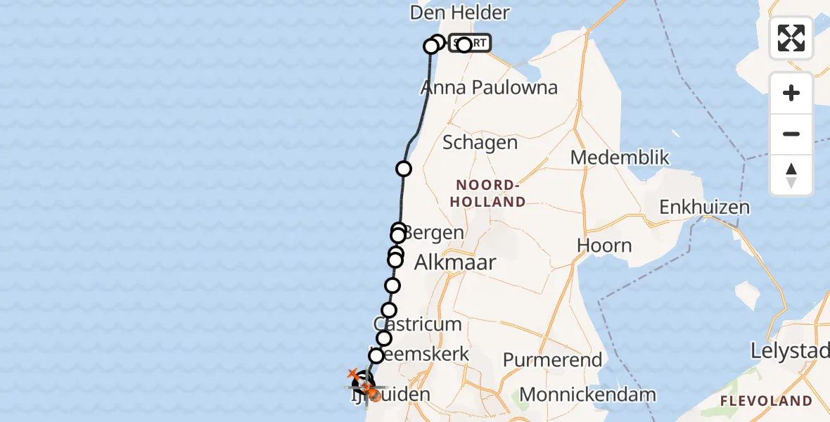 Routekaart van de vlucht: Kustwachthelikopter naar Velsen-Noord, Noordpier