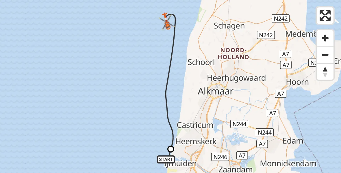 Routekaart van de vlucht: Kustwachthelikopter naar Noordzee, Noordzee
