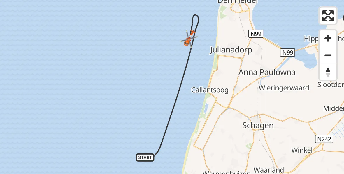 Routekaart van de vlucht: Kustwachthelikopter naar Noordzee, Noordzee