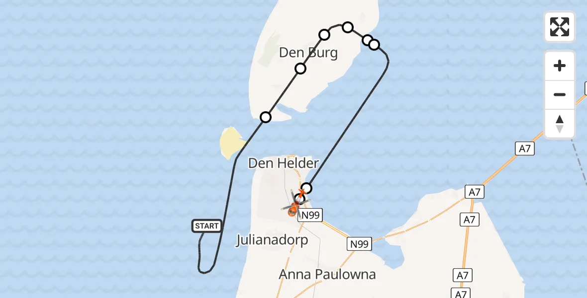 Routekaart van de vlucht: Kustwachthelikopter naar Militair vliegveld De Kooy / Den Helder Airport, Militair vliegveld De Kooy / Den Helder Airport