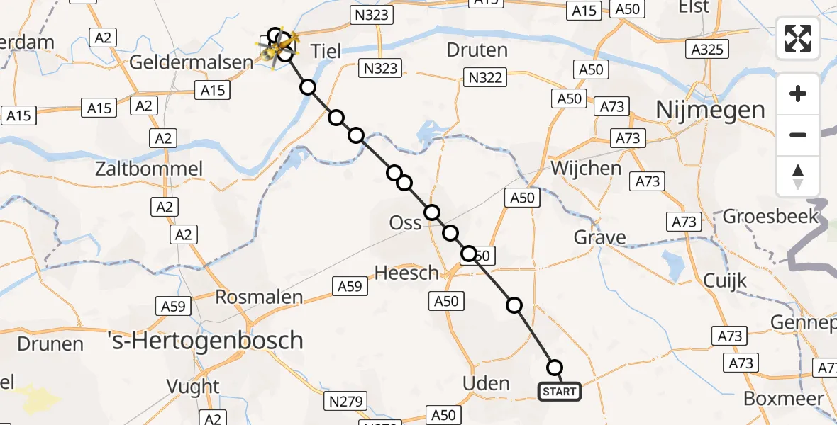 Routekaart van de vlucht: Lifeliner 3 naar Tiel, Hamse Biezen