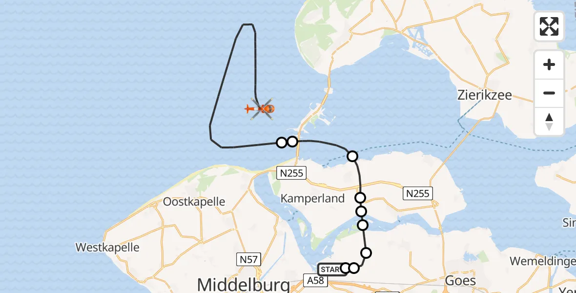 Routekaart van de vlucht: Kustwachthelikopter naar Noordzee, Noordzee