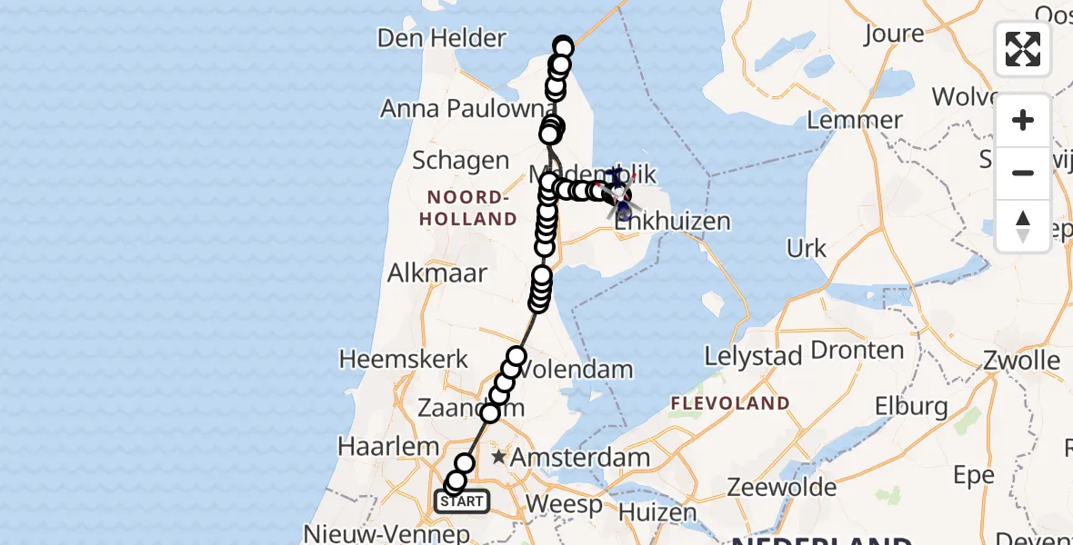 Routekaart van de vlucht: Politiehelikopter naar IJsselmeer, IJsselmeer