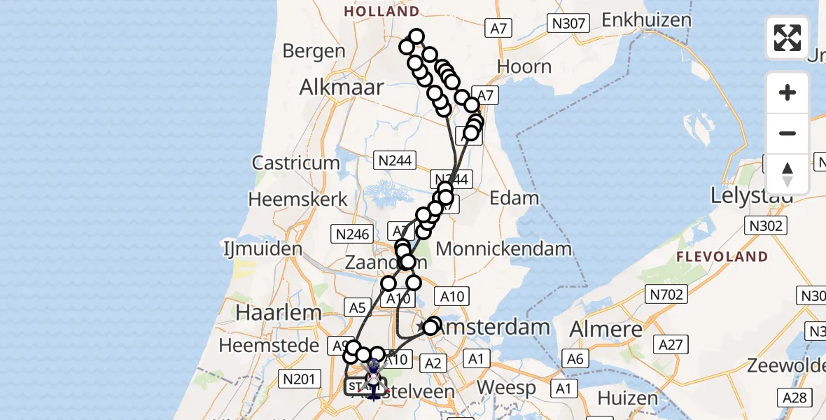 Routekaart van de vlucht: Politiehelikopter naar Amsterdam Vliegveld Schiphol, Amsterdam Vliegveld Schiphol