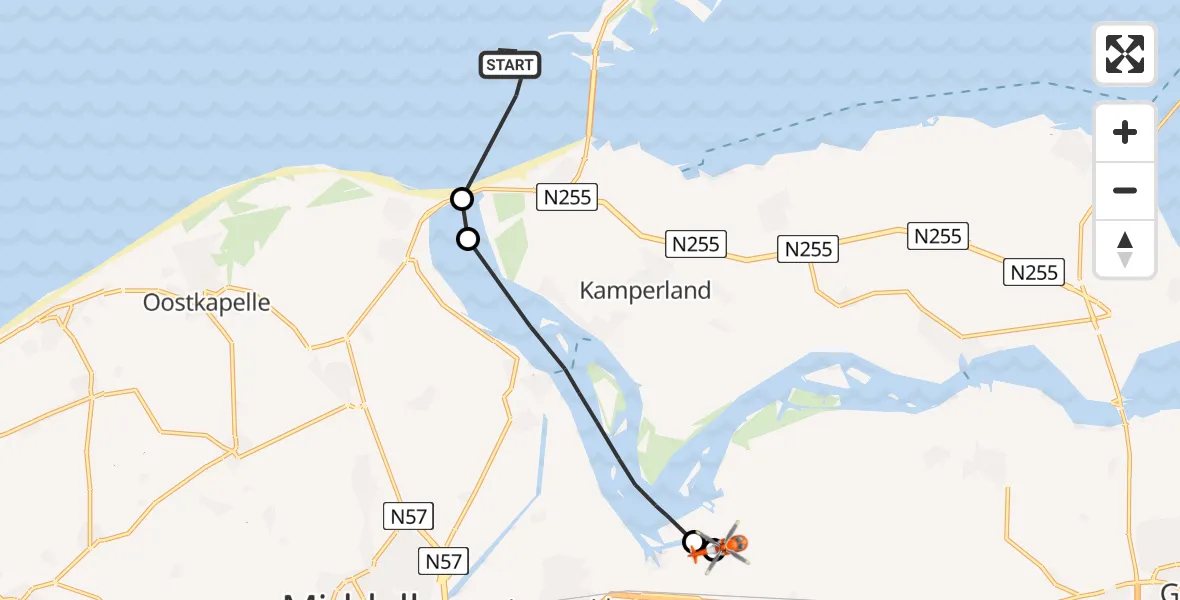 Routekaart van de vlucht: Kustwachthelikopter naar Vliegveld Midden-Zeeland, Vliegveld Midden-Zeeland