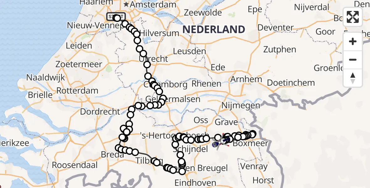 Routekaart van de vlucht: Politiehelikopter naar Vliegbasis Volkel, Vliegbasis Volkel