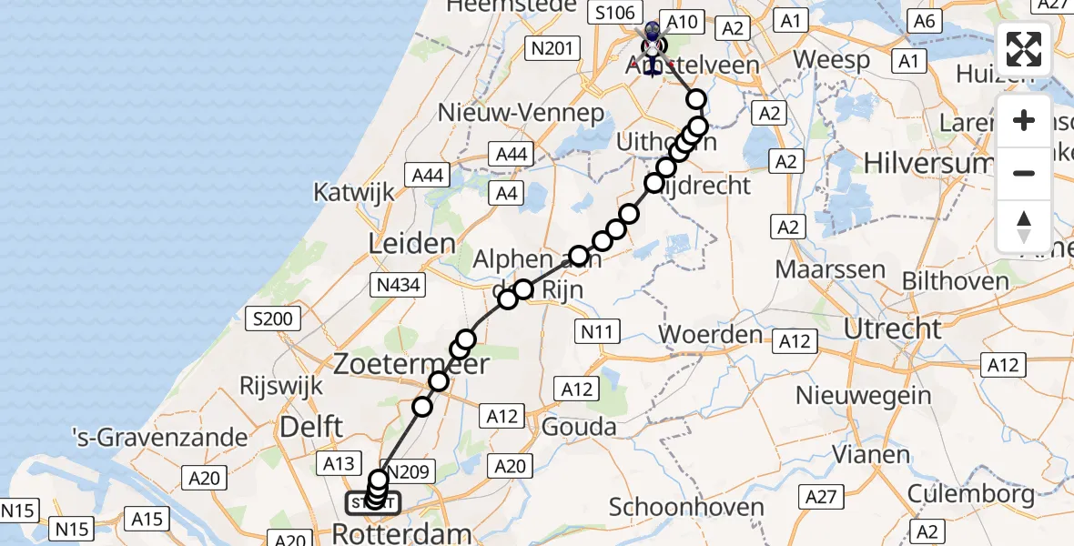 Routekaart van de vlucht: Politiehelikopter naar Amsterdam Vliegveld Schiphol, Amsterdam Vliegveld Schiphol