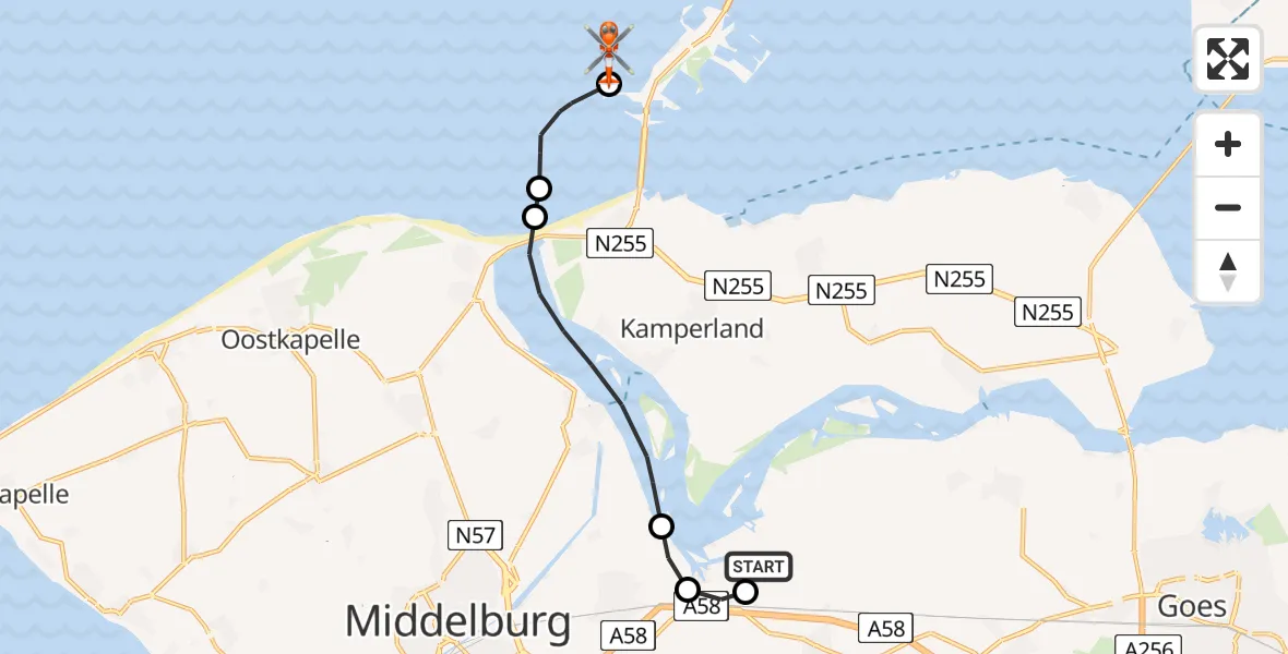 Routekaart van de vlucht: Kustwachthelikopter naar Noordzee, Noordzee