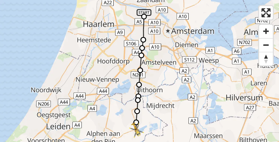 Routekaart van de vlucht: Lifeliner 1 naar Nieuwkoop, Meidoornlaan