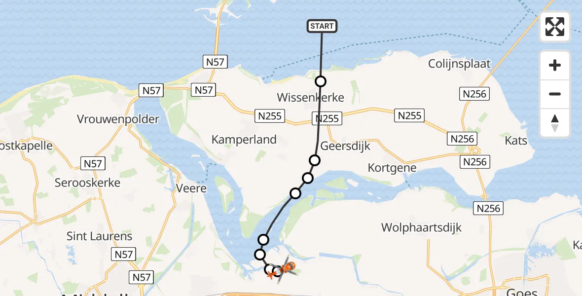 Routekaart van de vlucht: Kustwachthelikopter naar Vliegveld Midden-Zeeland, Vliegveld Midden-Zeeland