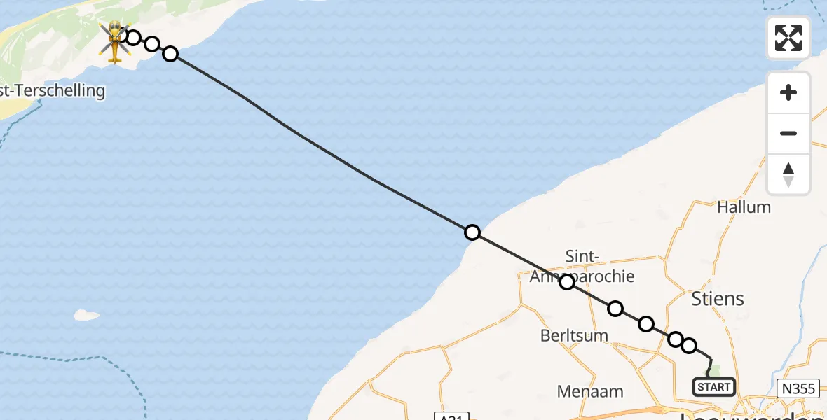 Routekaart van de vlucht: Ambulancehelikopter naar Terschelling Heliport, Terschelling Heliport