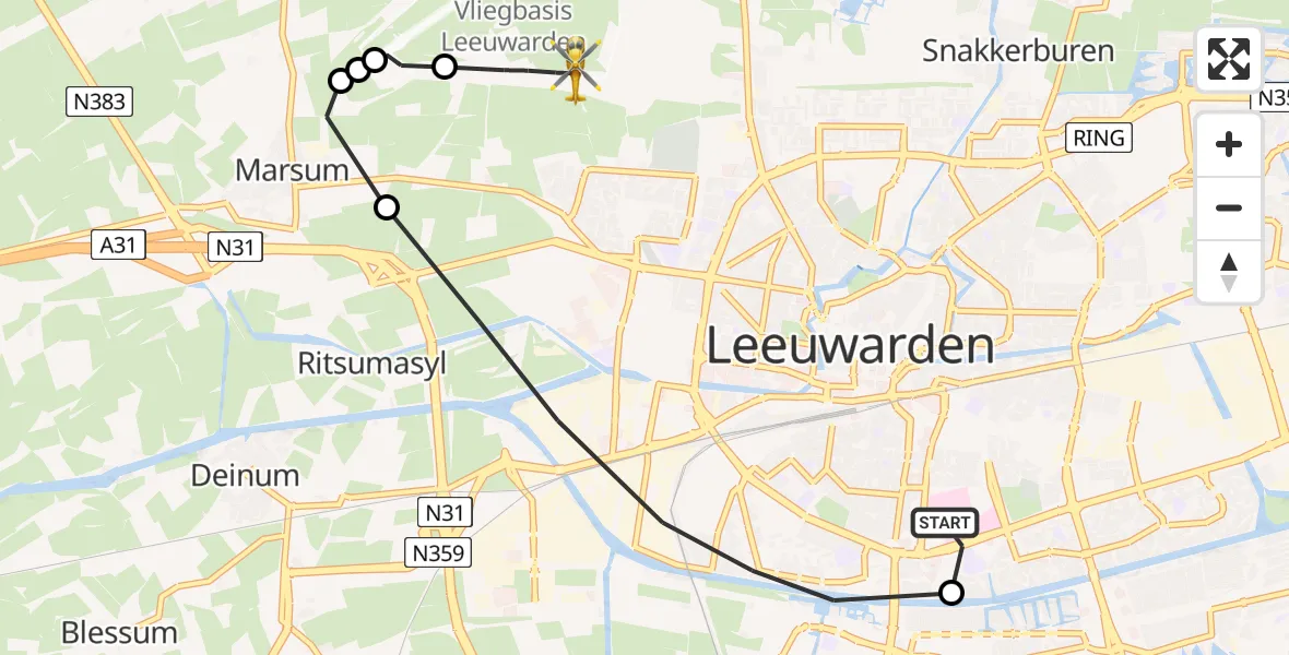 Routekaart van de vlucht: Ambulancehelikopter naar Vliegbasis Leeuwarden, Vliegbasis Leeuwarden