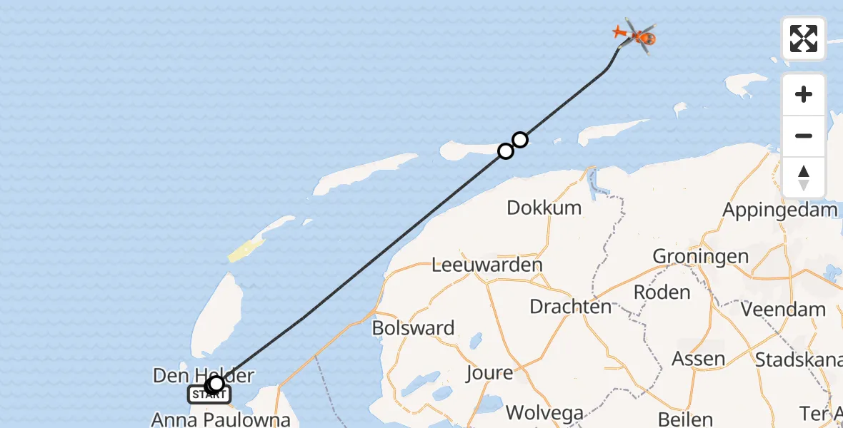 Routekaart van de vlucht: Kustwachthelikopter naar Noordzee, Noordzee