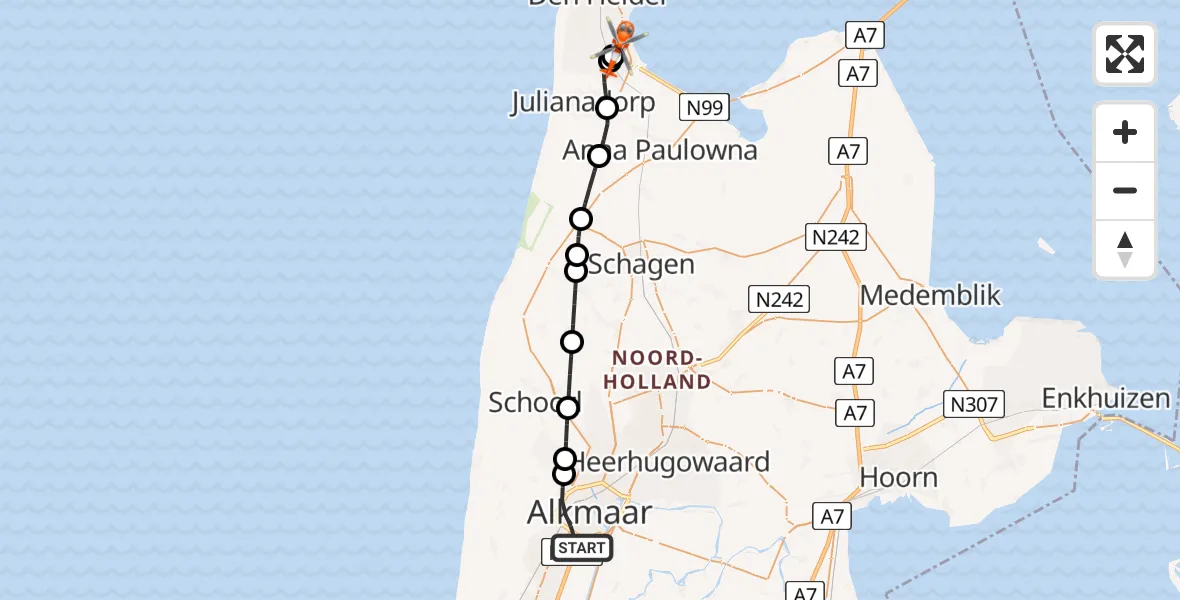 Routekaart van de vlucht: Kustwachthelikopter naar Militair vliegveld De Kooy / Den Helder Airport, Militair vliegveld De Kooy / Den Helder Airport