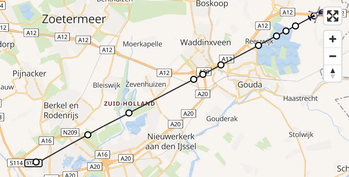 Routekaart van de vlucht: Politiehelikopter naar Nieuwerbrug aan den Rijn, A12
