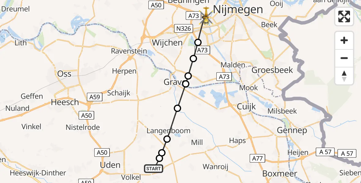 Routekaart van de vlucht: Lifeliner 3 naar Nijmegen, Hogelandseweg