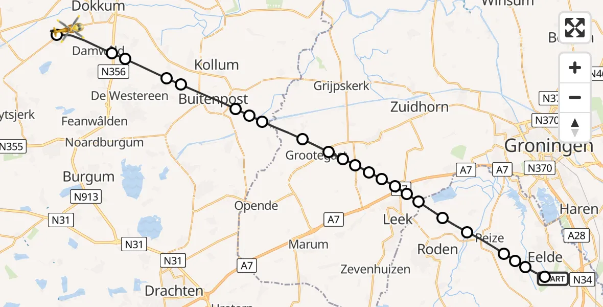 Routekaart van de vlucht: Lifeliner 4 naar Rinsumageast, Lauwersseeweg