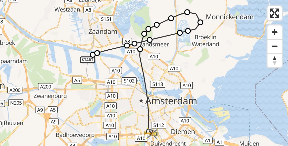 Routekaart van de vlucht: Lifeliner 1 naar Amsterdam, President Kennedylaan