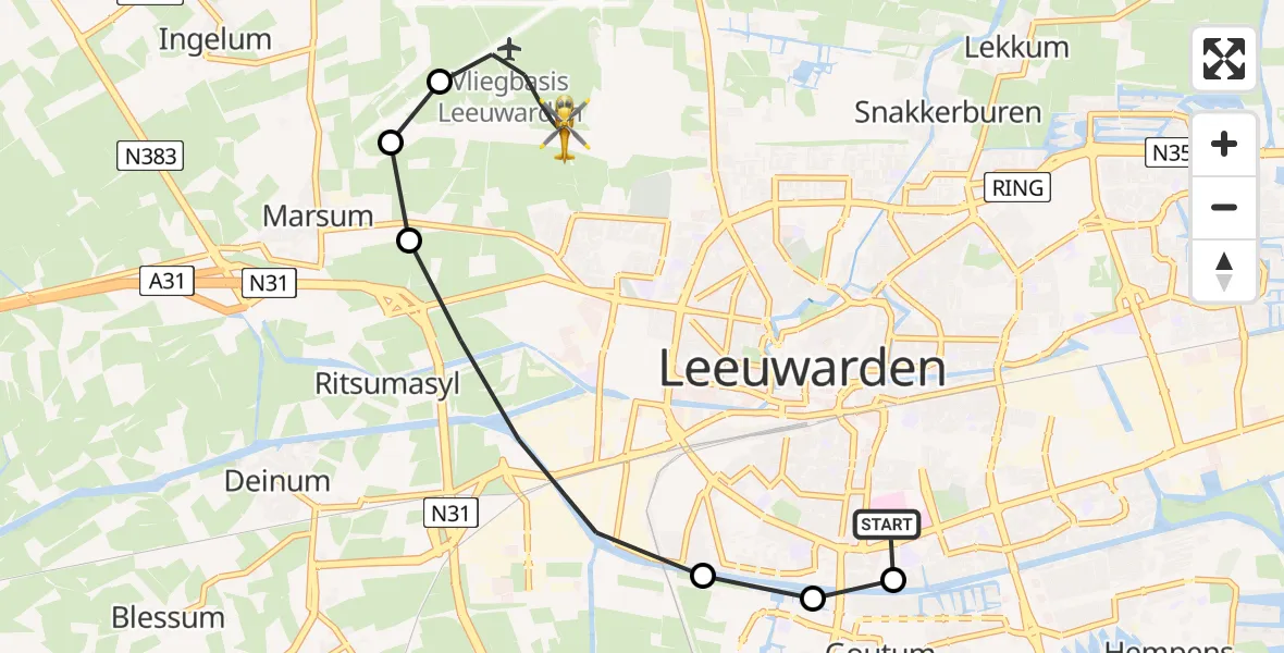 Routekaart van de vlucht: Ambulancehelikopter naar Vliegbasis Leeuwarden, Vliegbasis Leeuwarden
