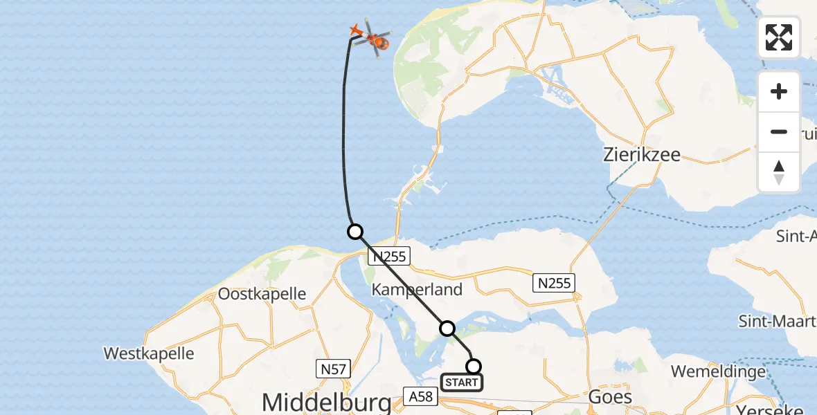Routekaart van de vlucht: Kustwachthelikopter naar Noordzee, Noordzee