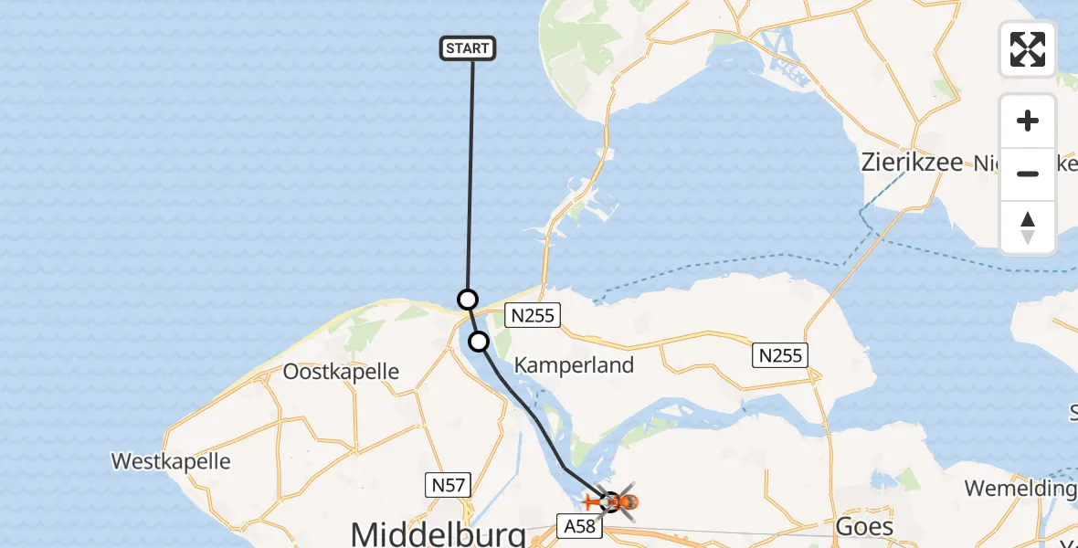 Routekaart van de vlucht: Kustwachthelikopter naar Vliegveld Midden-Zeeland, Vliegveld Midden-Zeeland