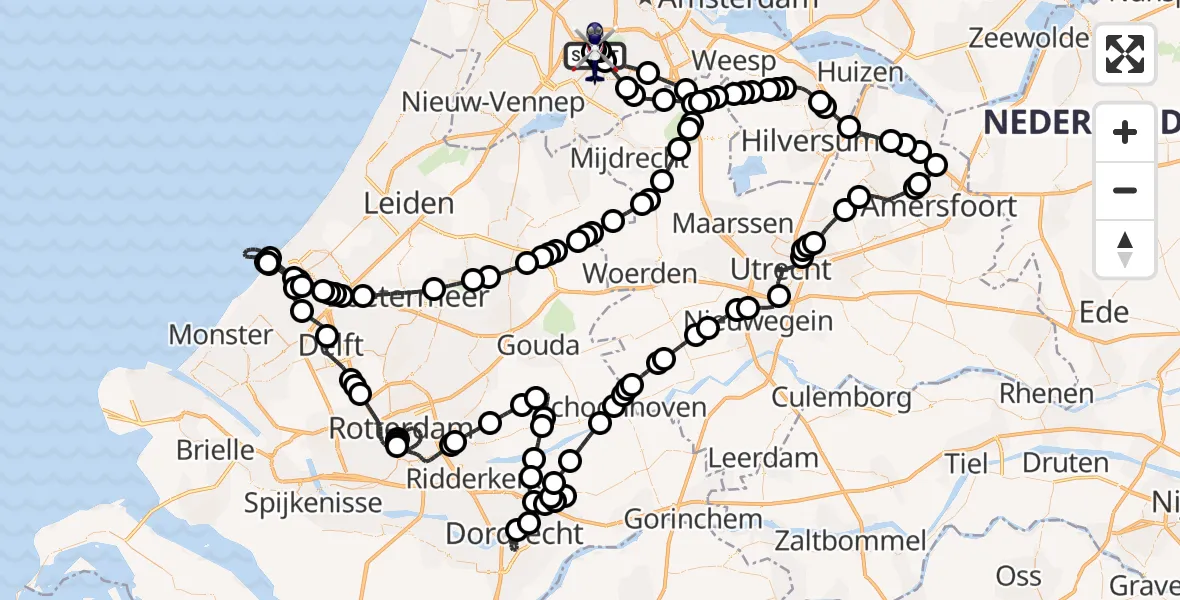 Routekaart van de vlucht: Politiehelikopter naar Amsterdam Vliegveld Schiphol, Amsterdam Vliegveld Schiphol