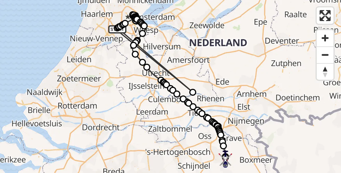Routekaart van de vlucht: Politiehelikopter naar Vliegbasis Volkel, Vliegbasis Volkel