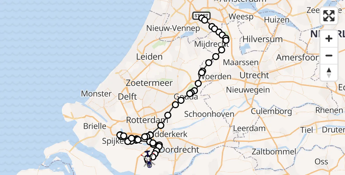 Routekaart van de vlucht: Politiehelikopter naar Strijen, Oudendijk