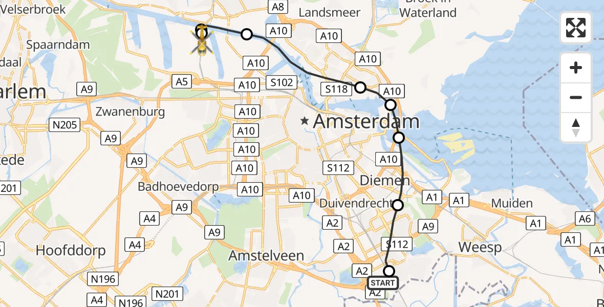 Routekaart van de vlucht: Lifeliner 1 naar Amsterdam Heliport, Amsterdam Heliport