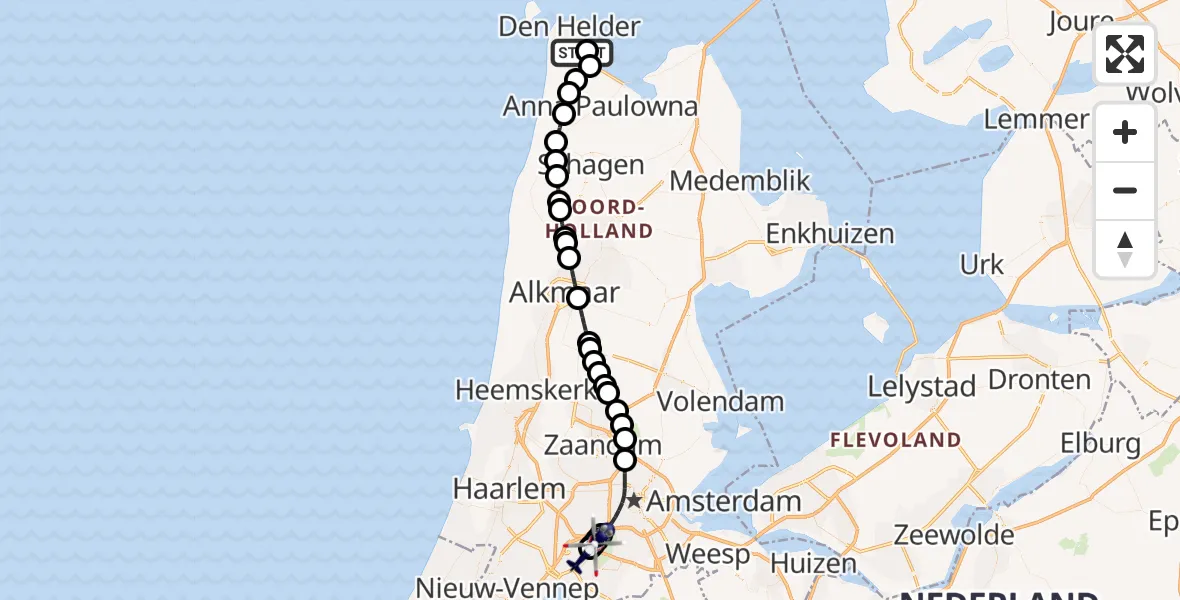 Routekaart van de vlucht: Politiehelikopter naar Amsterdam Vliegveld Schiphol, Amsterdam Vliegveld Schiphol