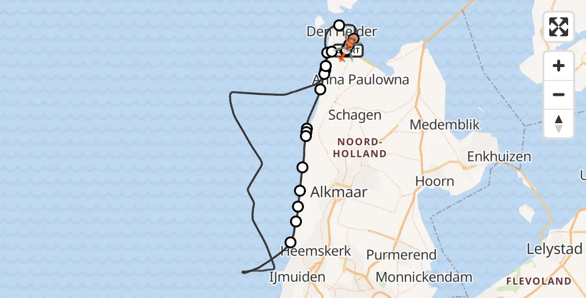 Routekaart van de vlucht: Kustwachthelikopter naar Militair vliegveld De Kooy / Den Helder Airport, Militair vliegveld De Kooy / Den Helder Airport